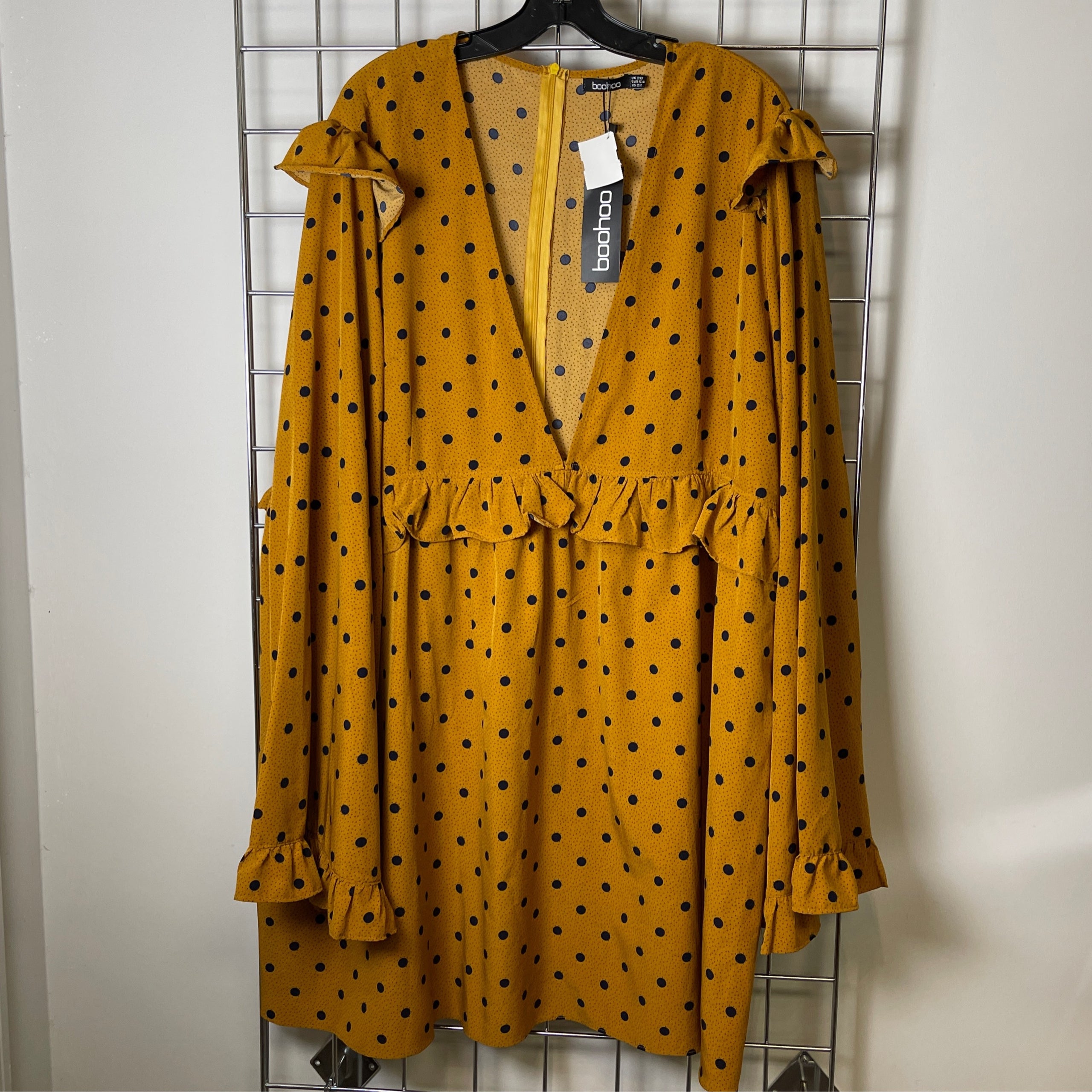 181132240 Size 22 Mustard Polka Dot Plunge Ruffle Skater